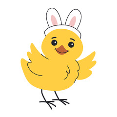 Easter chick with bunny ears and spread wings. Funny character for Easter card or poster. Isolated on white background.