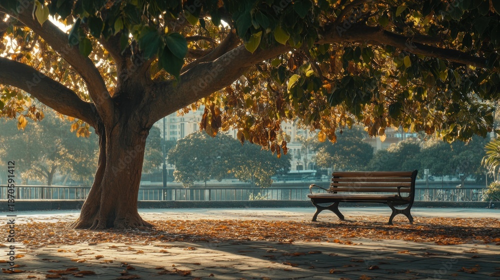 Poster a shaded bench sits beneath a large tree on a path