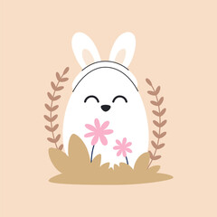 Cute Easter egg with a smile and bunny ears, hidden in grass and flowers. Easter illustration.