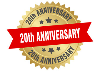 20th anniversary. 20th anniversary round red and gold label isolated on transparent background