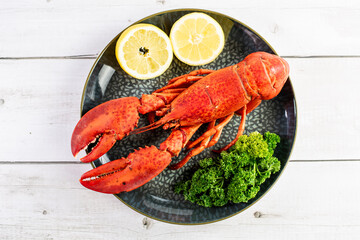 Close up of fresh steamed lobster with herbs