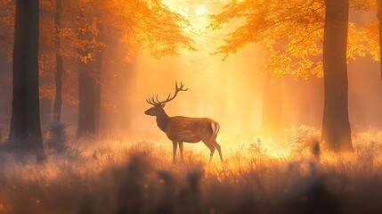 52. A deer standing in a misty autumn forest at sunrise