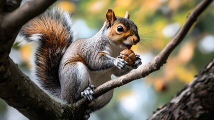 Obraz premium 53. A squirrel holding an acorn while perched on a tree branch