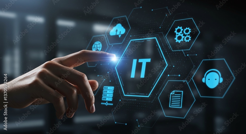 Poster empowering technology: a hand interacting with holographic it icons symbolizing innovation, communic