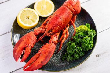 Close up of fresh steamed lobster with herbs