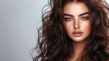 Fototapeta premium Portrait of a Woman with Wavy Brown Hair and Natural Makeup Look
