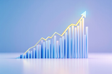 Abstract 3D bar chart with upward trend on a light blue background.