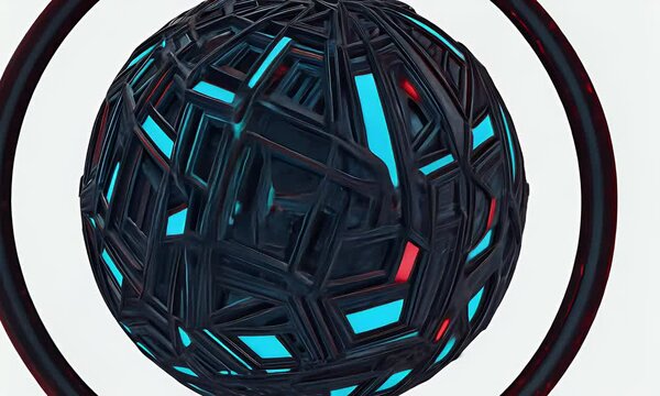 high-tech cyber fractal sphere spinning endlessly in space, illuminated by pulsating neon blue and red lights, ultra-hd 4k sci-fi scene