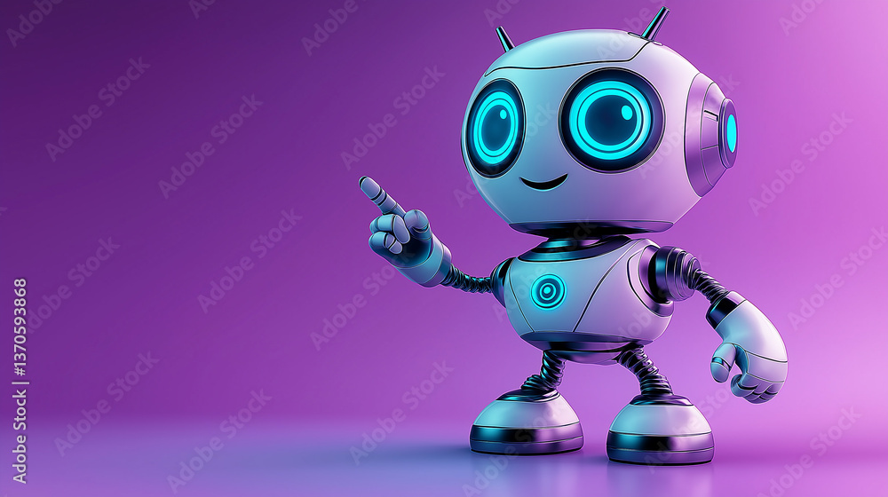 Aufkleber friendly robot pointing with finger on purple background