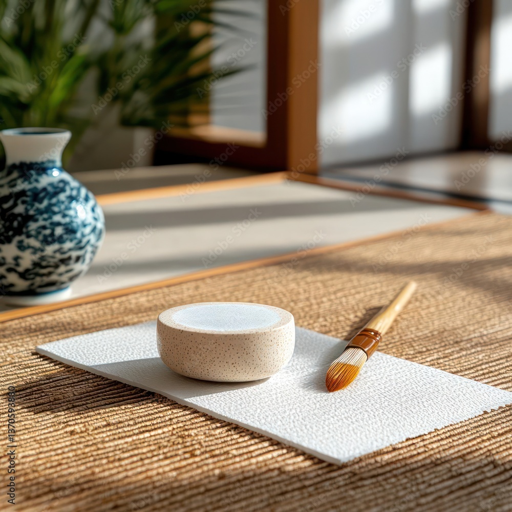 Aufkleber Close up studio shot of ceramic objects including a small round pot on a textured white tile and a paintbrush with a wooden handle, decorative vase, and plants on a textured bamboo mat under