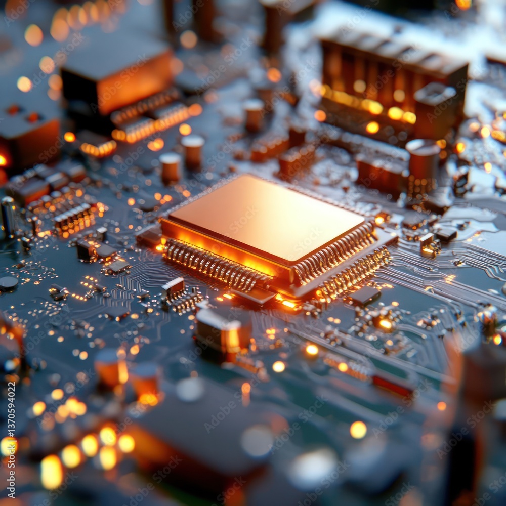 Poster Close up of a computer circuit board with copper and green elements with bright artificial lighting. The complex electronic components are showcased