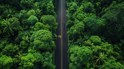 Aerial view of a road through lush tropical forest