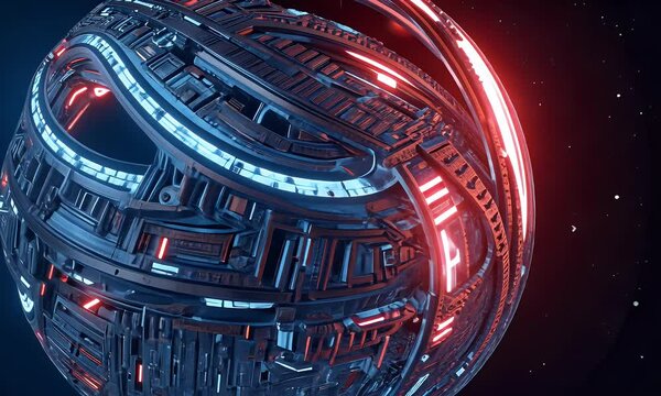 cybernetic fractal sphere floating in deep space, rotating with futuristic neon blue and red lights, creating an ultra-hd 4k sci-fi vision