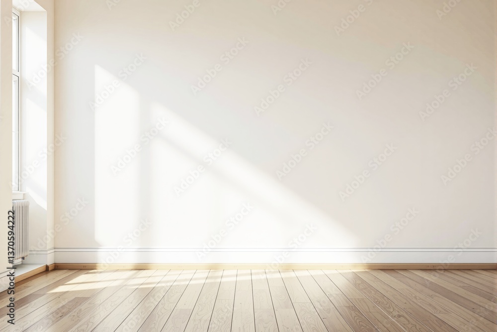 Poster minimalist empty room with sunlight casting shadows on a white wall.