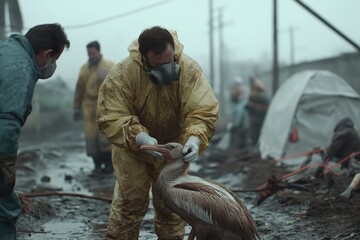 Naklejka premium Rescue Team in Biohazard Suits Recovering Oil-Covered Pelican from Polluted Swamp, Decontamination Stations, Emergency Tents, Soft Morning Light, Environmental Disaster Response