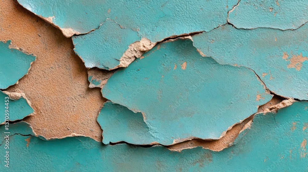 Poster Close up of weathered wall texture with peeling turquoise paint revealing the rough brown underlayer creating a distressed visual effect