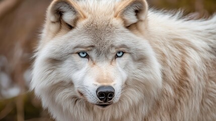 Obraz premium Intense arctic wolf with stunning blue eyes, closeup capturing wild essence