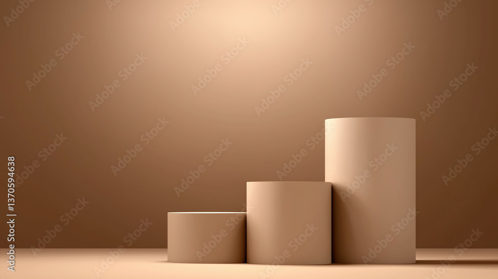Poster three empty cylinder podiums creating ascending steps on brown background