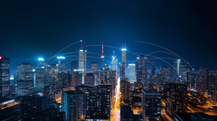 Fototapeta premium Futuristic network connecting buildings in illuminated toronto skyline at night