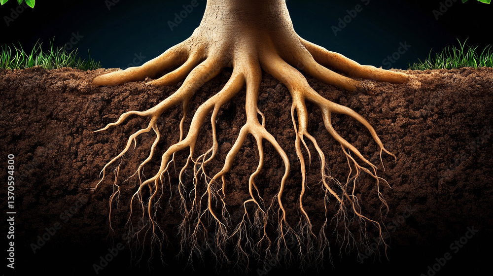 Poster deep within the soil, a tree's root system spreads wide, displaying intricate patterns and textures.