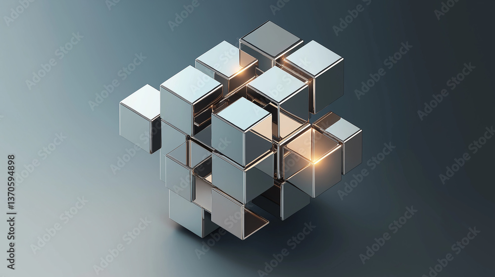 Poster Metallic cubes forming complex structure with glowing edges