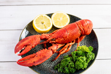 Close up of fresh steamed lobster with herbs