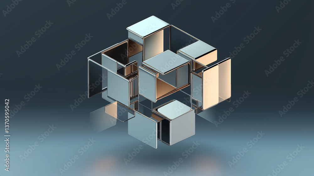Poster abstract metallic cubes forming complex structure reflecting on surface