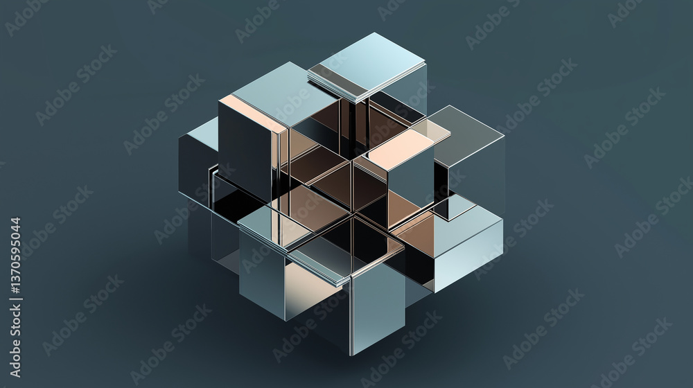 Poster complex metallic structure reflecting light on dark background