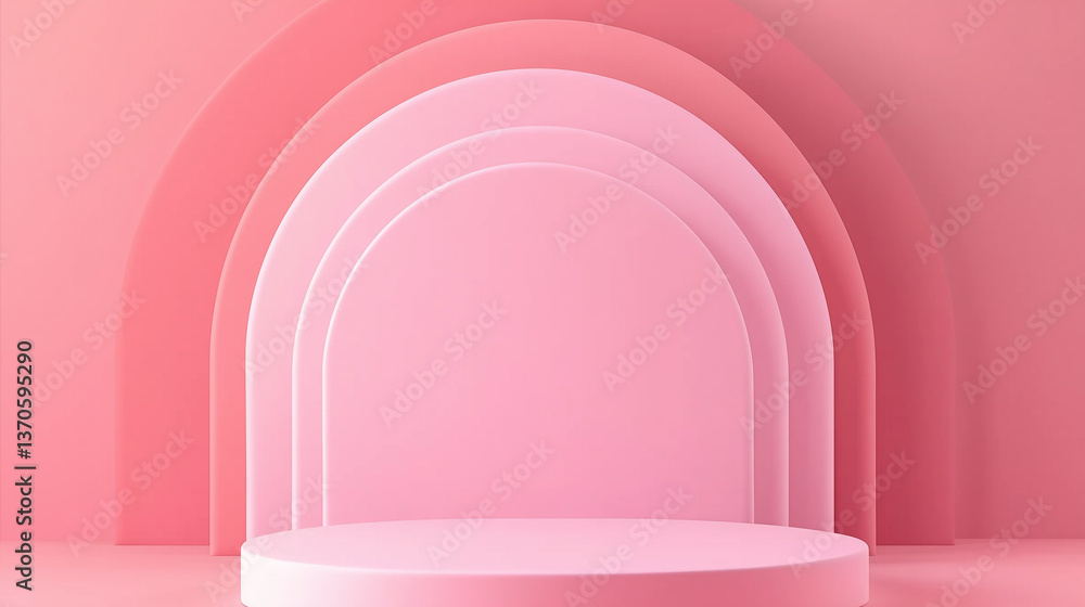 Poster pink podium displaying products on minimalist background with arches