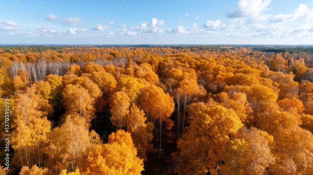 Aufkleber aerial view of vibrant autumnal forest canopy under partly cloudy sky with yellow orange foliage and