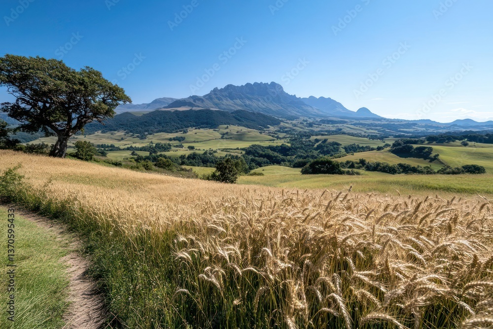 Poster generic field with pathway leading to a mountainous landscape under a clear blue sky with vibrant gr
