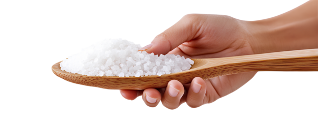 A person gathering sea salt on a wooden spoon against an isolated transparent background png 