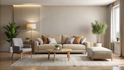 Modern minimalist living room with a neutral color scheme and comfortable seating area featuring a sleek sofa and ottoman in beige fabric, modern furniture, comfort