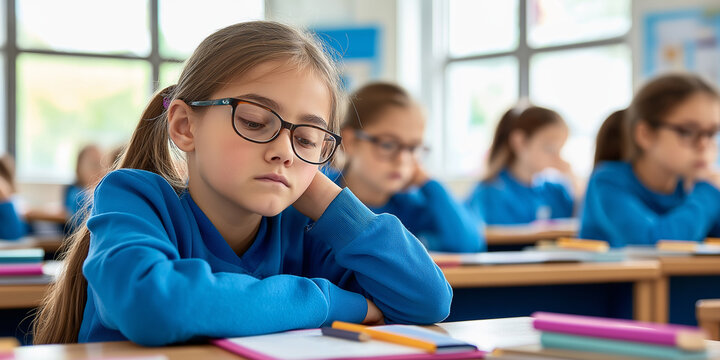 Bored elementary school student struggling in classroom setting with other students - Powered by Adobe
