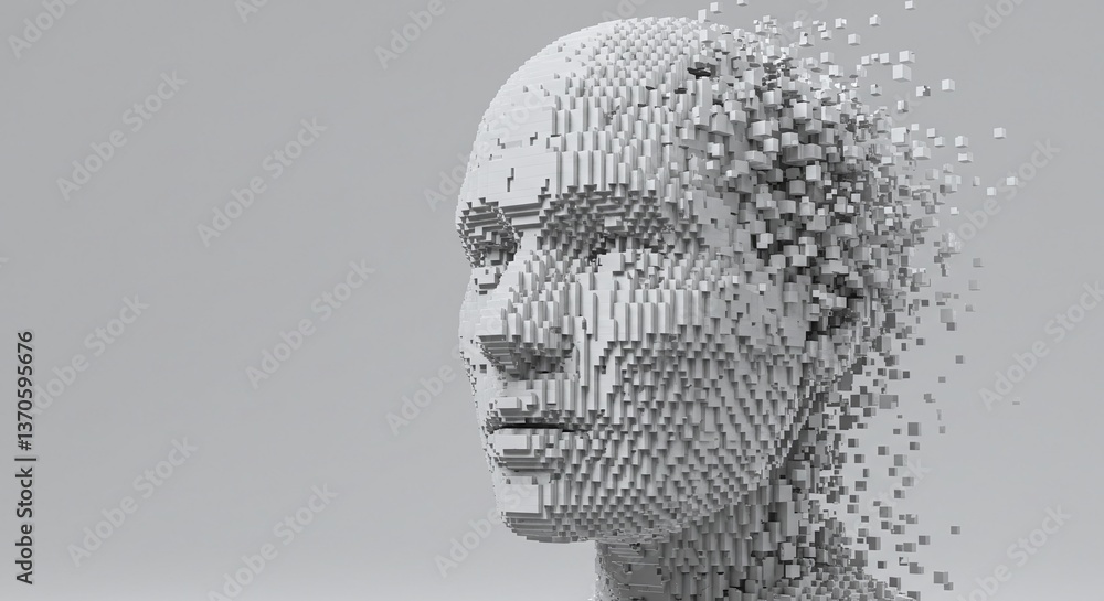 Poster digital deconstruction: a 3d rendered artistic representation of a human face disintegrating into di