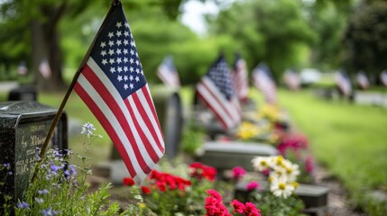American Flags Displayed at Cemetery with Flowers for Memorial Day