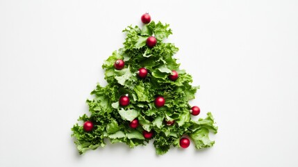 A creative Christmas tree made from fresh green lettuce and vibrant red ornaments. Celebrate the holidays with a unique and healthy twist. Generative AI