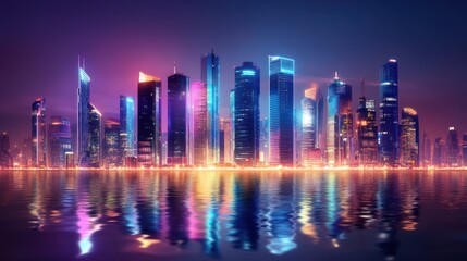 Fototapeta premium Futuristic cyberpunk metropolis skyline with vibrant neon reflections on water surface