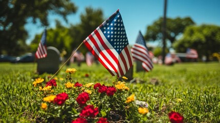 American Flags and Flowers Decorating Gravesites on Memorial Day