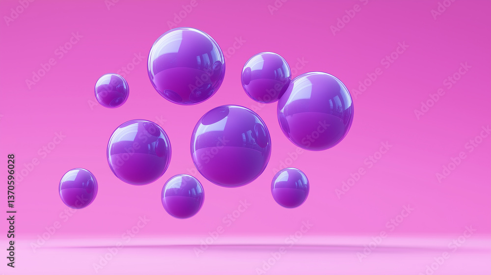 Aufkleber purple spheres floating on pink background: abstract 3d render
