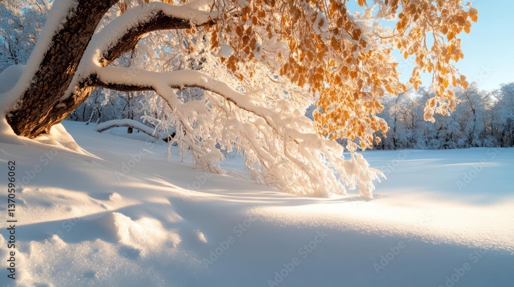 Poster snow covered landscape with tree branches and yellow leaves under a blue sky during daytime lighting