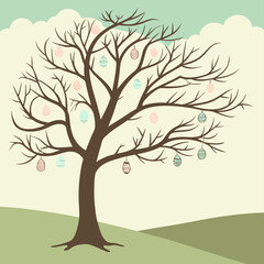Obraz premium Adobe Illustrator Artwork A tree decorated with Easter eggs stands on a grassy hill