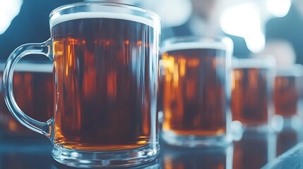 Close-up of several glasses of dark beer on a table.