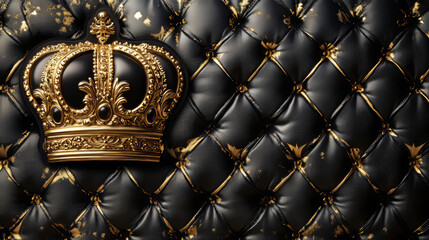 Glowing gold vip text and crown in frame on black luxury quilted seamless pattern decorative backdrop. Black and golden realistic design template. Party premium invitation. Vector illustration