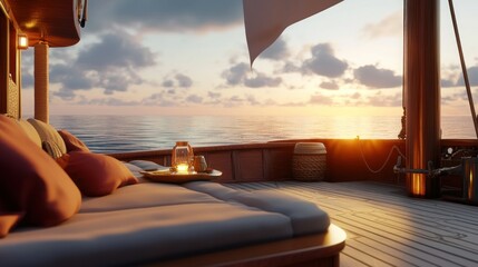 A wooden boat deck with pillows overlooking the ocean sunrise
