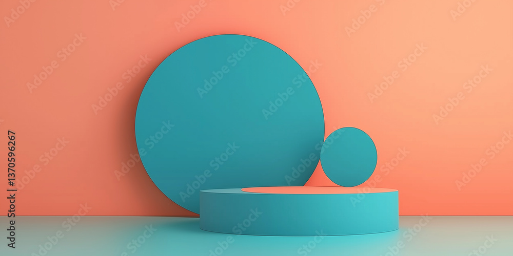 Poster turquoise podium displaying products on coral background with geometric shapes