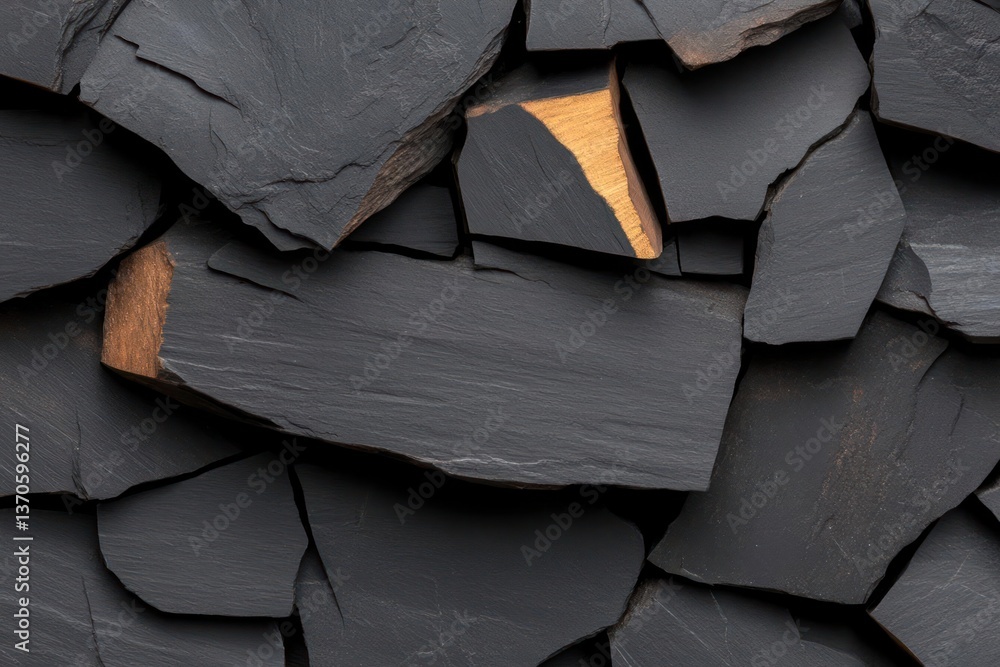 Aufkleber Overhead view of fragmented dark slate with gold accents revealing textured surfaces and natural patterns under even lighting