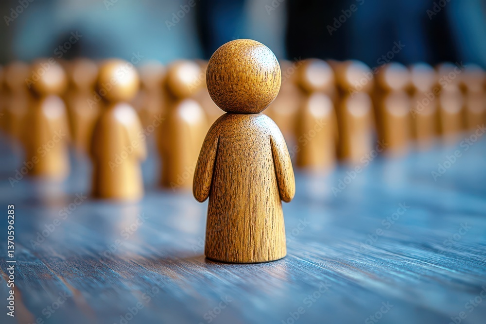 Poster wooden figurines standing in formation on a table, showcasing individuality and unity in a creative 