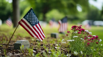 American Flags at Cemetery with Flowers Honoring Fallen Heroes