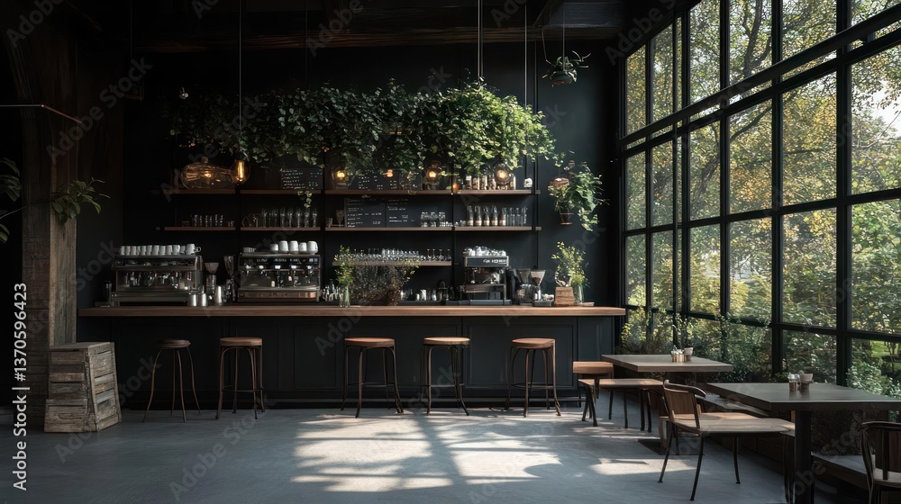 Poster Interior view of a modern cafe with large windows allowing natural light. Bar area with stools tables and chairs with plants decorating the walls